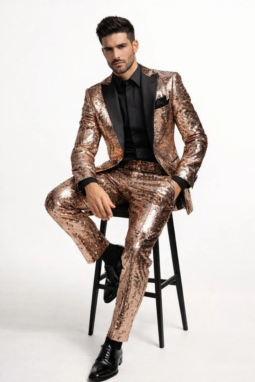 Luxury Rose Gold Sequin Tuxedo Suit for Men  Black Satin Lapel, Perfect for Events & Parties