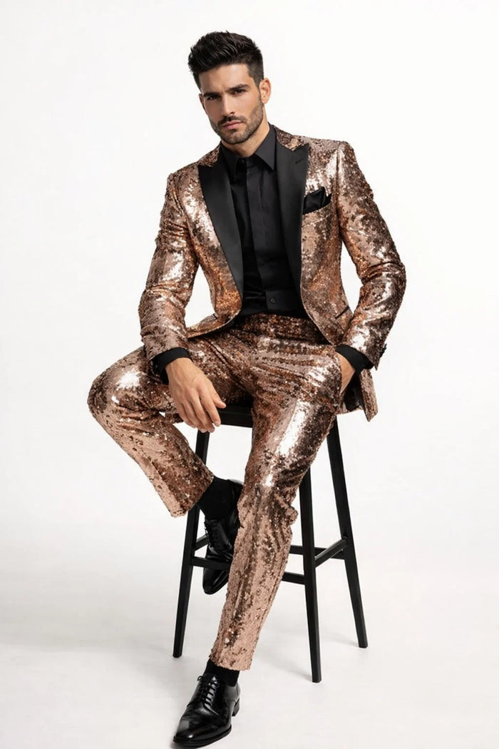 Luxury Rose Gold Sequin Tuxedo Suit for Men  Black Satin Lapel, Perfect for Events & Parties