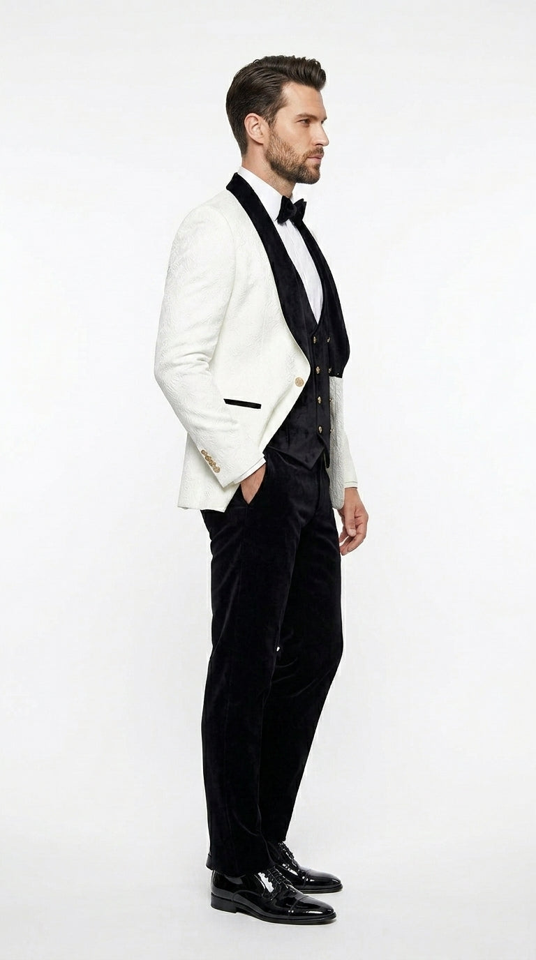 Men’s White Paisley 4 Piece Groom Wedding Suit with Black Velvet Shawl Collar and Matching Bowtie