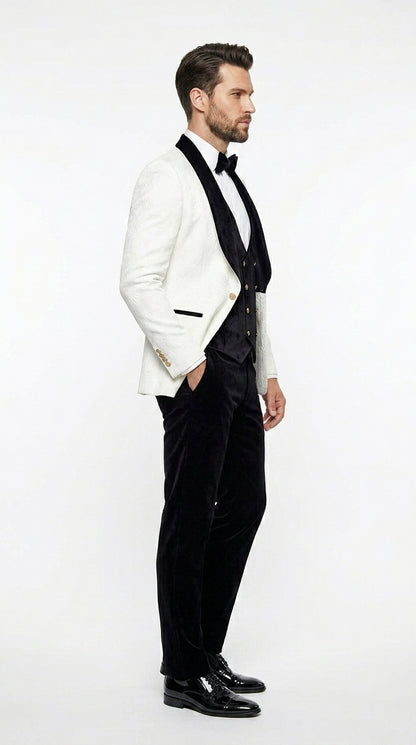 Men’s White Paisley 4 Piece Groom Wedding Suit with Black Velvet Shawl Collar and Matching Bowtie