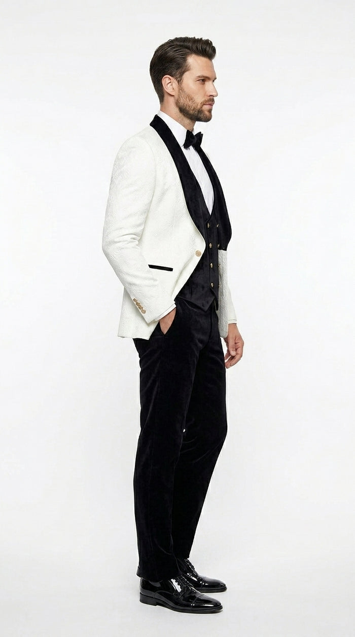Men’s White Paisley 4 Piece Groom Wedding Suit with Black Velvet Shawl Collar and Matching Bowtie