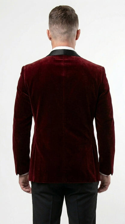Men's One Button Velvet Shawl BMen’s Burgundy Velvet One Button Tuxedo Jacket, Black Shawl Collar Formal Dinner Blazer for Weddings, Prom, Parties, and Special Occasionsurgundy Collar Tuxedo Jacket