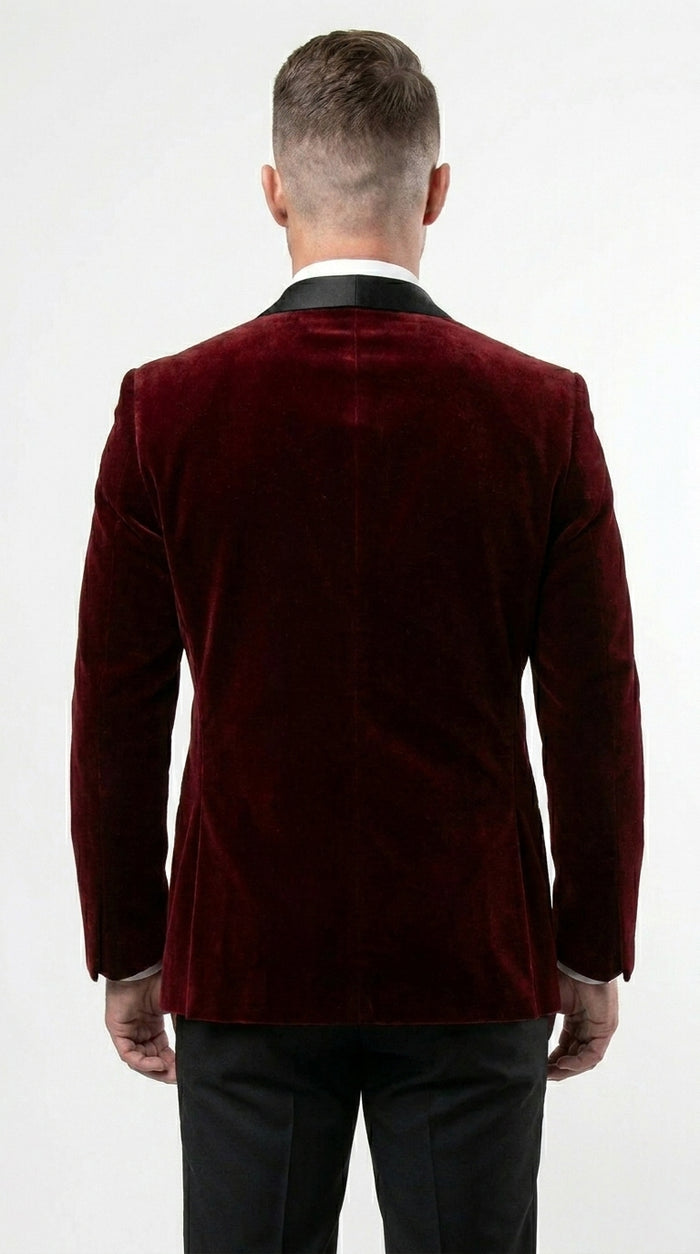Men's One Button Velvet Shawl BMen’s Burgundy Velvet One Button Tuxedo Jacket, Black Shawl Collar Formal Dinner Blazer for Weddings, Prom, Parties, and Special Occasionsurgundy Collar Tuxedo Jacket