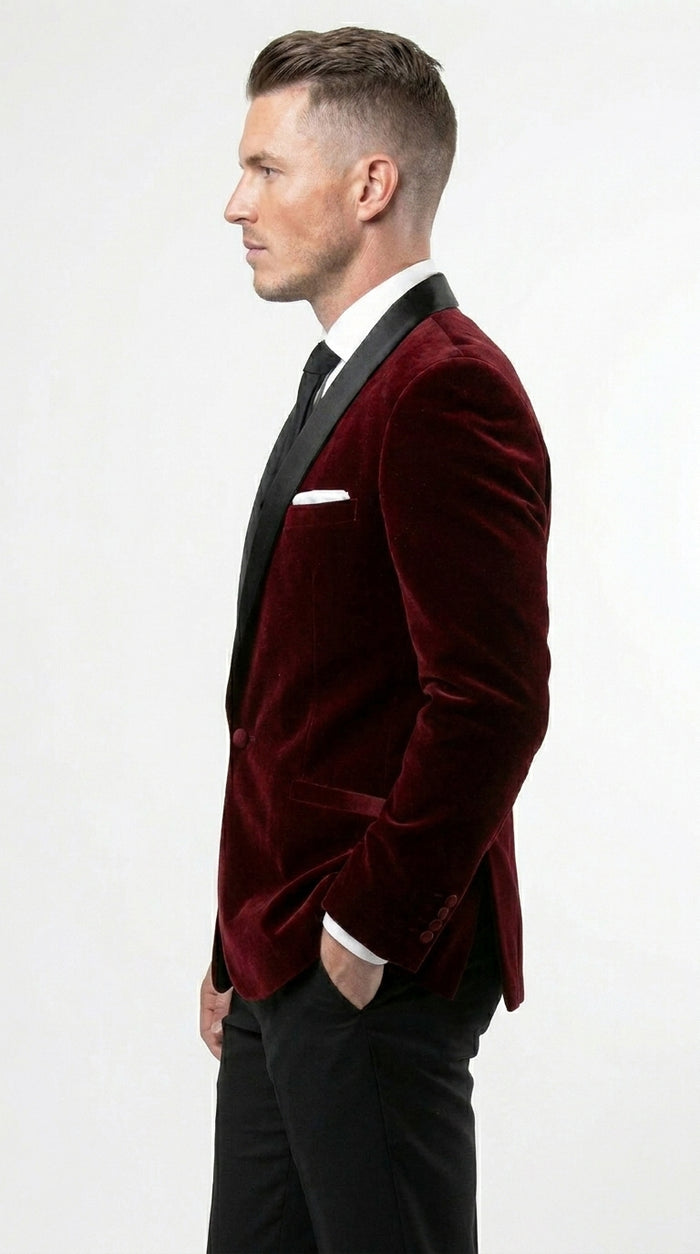 Men's One Button Velvet Shawl BMen’s Burgundy Velvet One Button Tuxedo Jacket, Black Shawl Collar Formal Dinner Blazer for Weddings, Prom, Parties, and Special Occasionsurgundy Collar Tuxedo Jacket