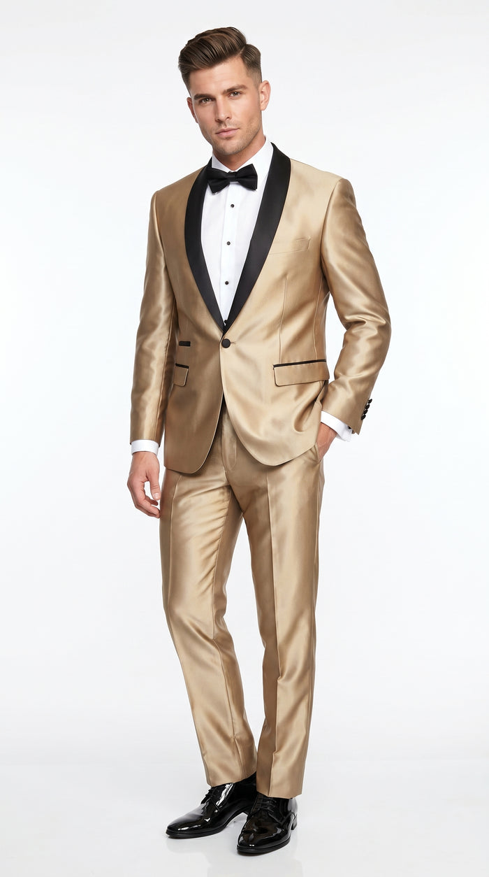 Men’s Gold Shiny Sharkskin Tuxedo with One Button Jacket, Black Shawl Lapel and Matching Pants