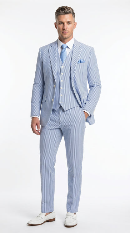 38 Men's Light Blue Seersucker Jacket + Pants Suit with 2 Button Jacket, Summer Wedding Formal Dress Suit