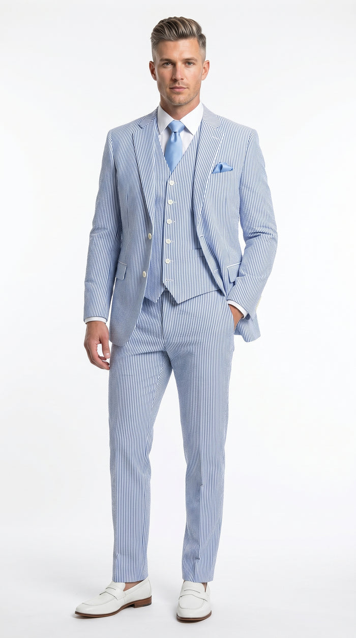 Men’s Light Blue Seersucker Jacket + Pants Suit with 2 Button Jacket, Summer Wedding Formal Dress Suit