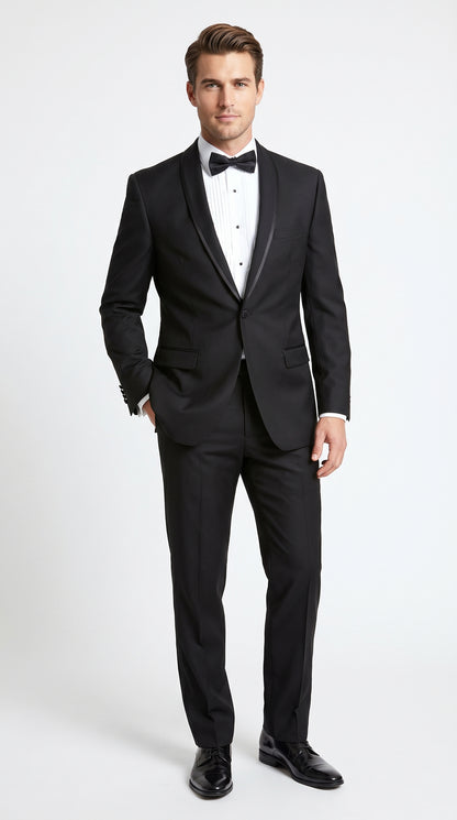 Men’s Black 1 Button Shawl Tuxedo with Black Satin Trim, Formal Wedding Dinner Suit