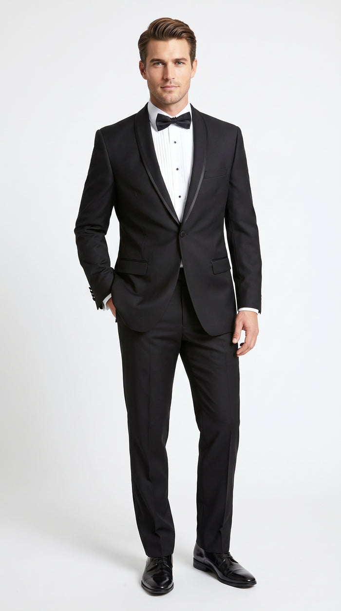Men’s Black 1 Button Shawl Tuxedo with Black Satin Trim, Formal Wedding Dinner Suit