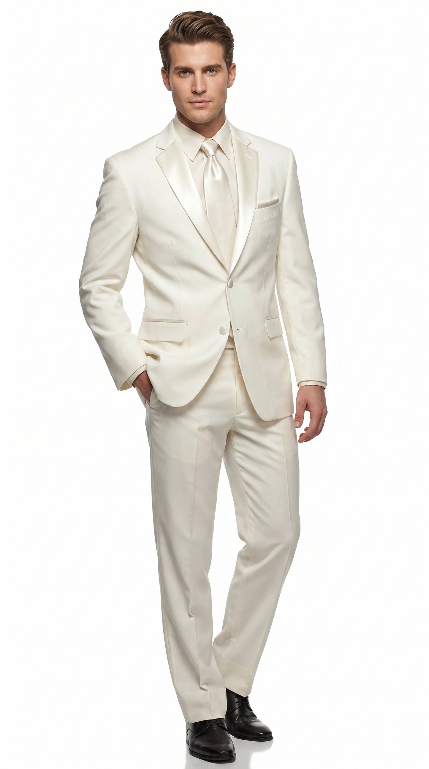 Men’s Ivory Classic Notch Tuxedo with 1 Button Jacket and Matching Pants, Formal Wedding Suit