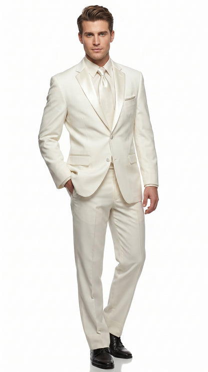 Men’s Ivory Classic Notch Tuxedo with 1 Button Jacket and Matching Pants, Formal Wedding Suit