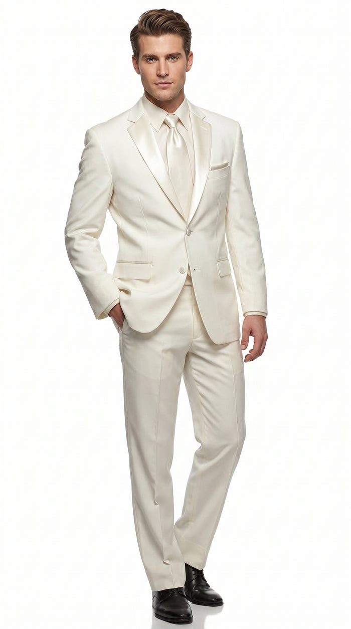 Men’s Ivory Classic Notch Tuxedo with 1 Button Jacket and Matching Pants, Formal Wedding Suit