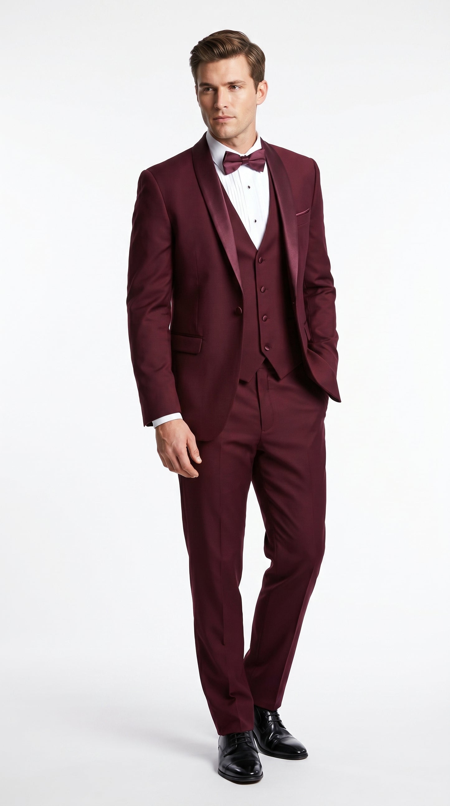 Men’s Burgundy Wool Vested Shawl Prom Tuxedo with One Button Jacket and Matching Pants
