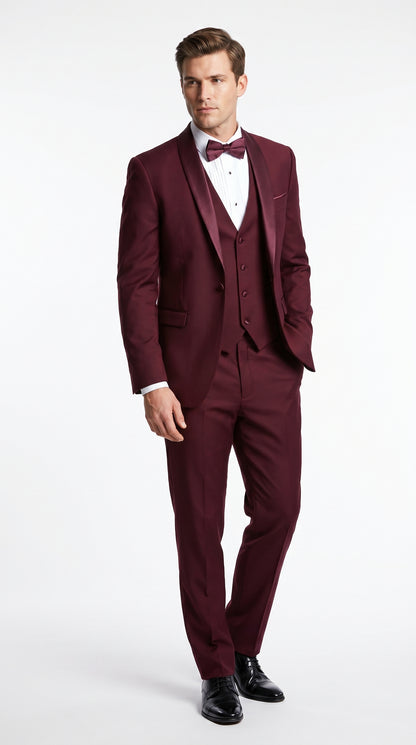 Men’s Burgundy Wool Vested Shawl Prom Tuxedo with One Button Jacket and Matching Pants