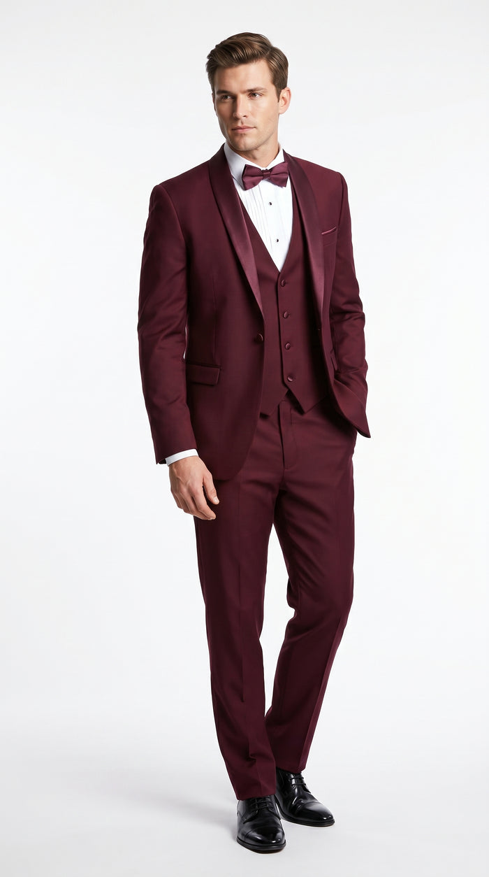 Men’s Burgundy Wool Vested Shawl Prom Tuxedo with One Button Jacket and Matching Pants