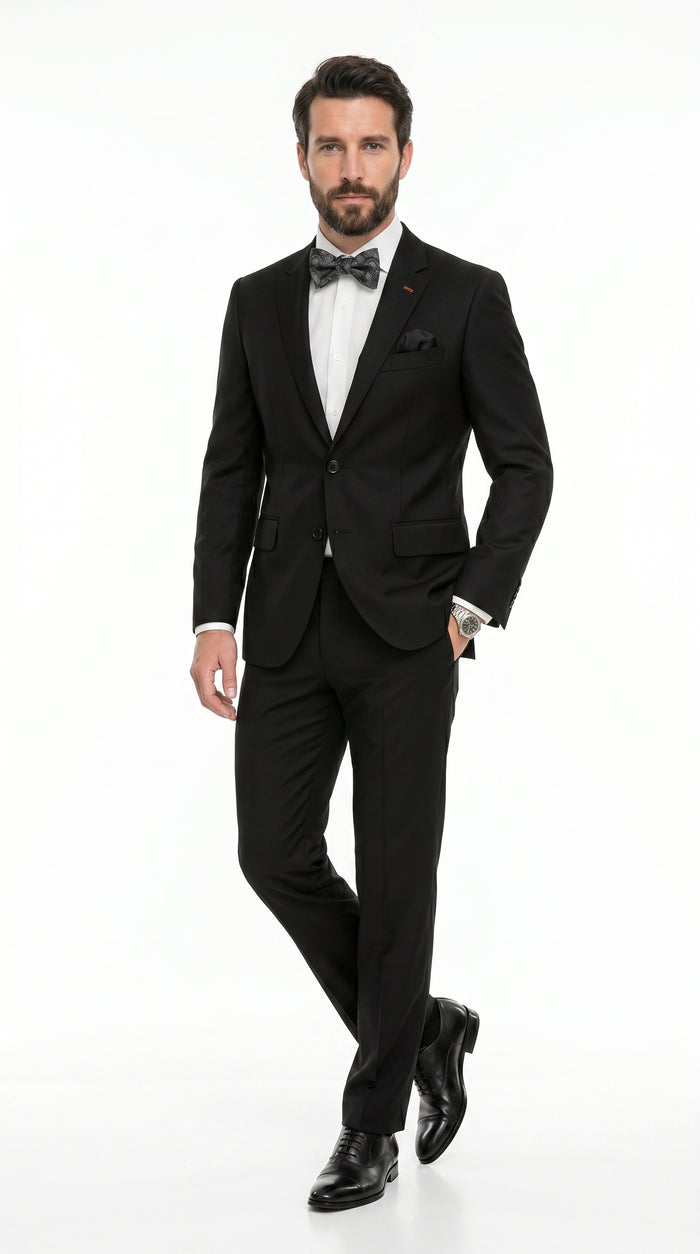Statement Men’s 100% Wool 2 Piece Italian Made Suit, Subtle Texture Business Formal Suit in Black and Navy