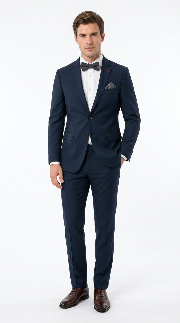 Statement Men’s 100% Wool 2 Piece Italian Made Suit, Subtle Texture Business Formal Suit in Black and Navy