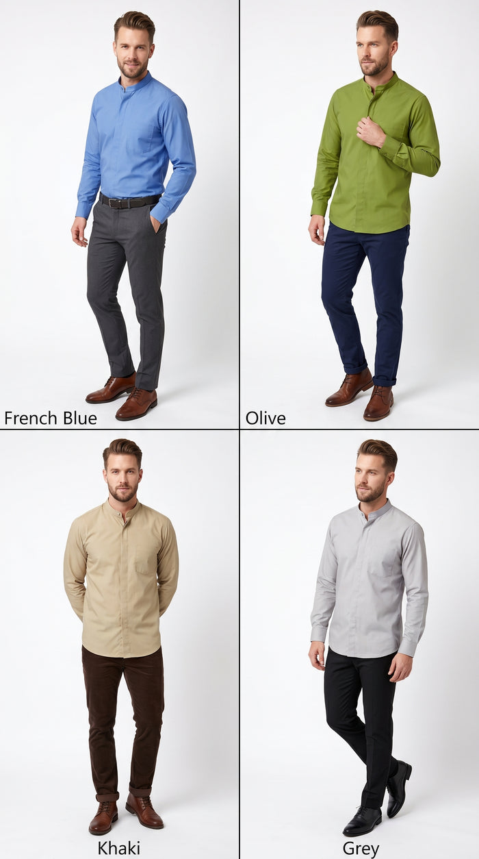 Men’s Cotton Blend Mandarin Collar Shirt, Banded Collar Dress Shirt in Yellow, Lavender, Khaki, Red, Grey, Pink, Mustard, Light Blue, Cream, French Blue, Olive, White, Brown, Purple and Green