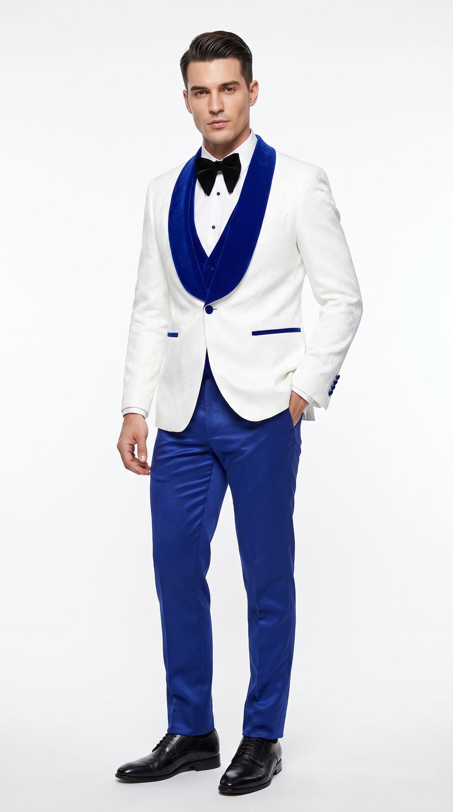 Men’s White Paisley Wedding Tuxedo with Royal Blue Velvet Shawl Lapel, Vested Prom Formal Suit Set