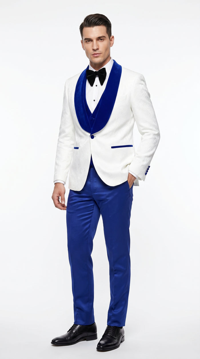 Men’s White Paisley Wedding Tuxedo with Royal Blue Velvet Shawl Lapel, Vested Prom Formal Suit Set