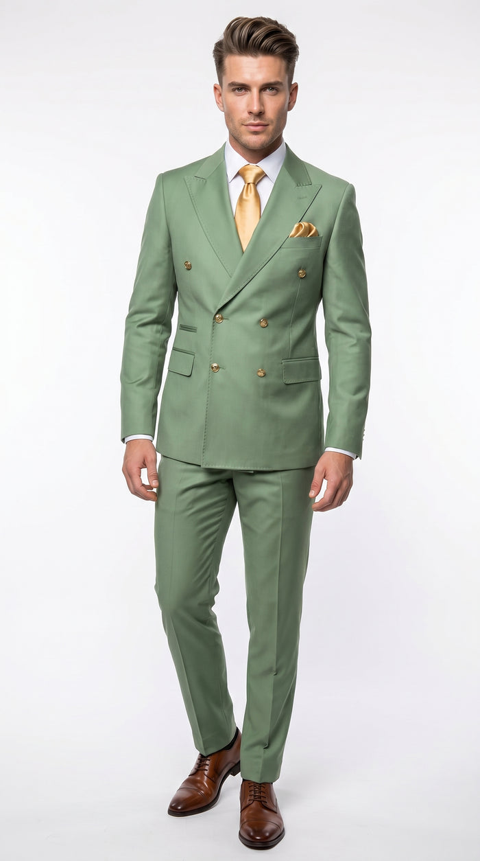 Men’s Sage Green Double Breasted 2 Piece Suit with Gold Buttons, Pistachio Formal Dress Suit