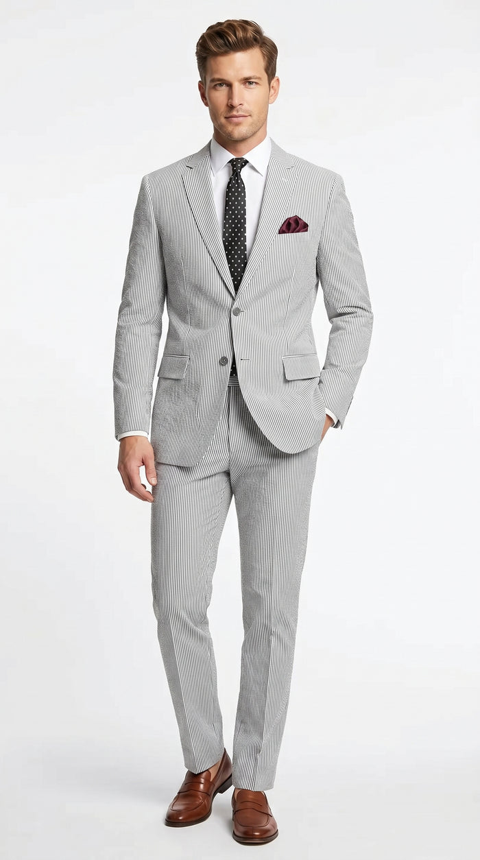Men’s Black Pinstripe Summer Seersucker 2 Piece Suit with Jacket and Matching Pants
