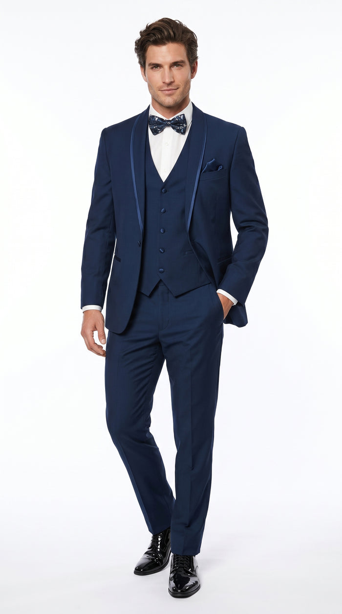 Men’s Sapphire Blue Vested Shawl Lapel Tuxedo with Satin Trim, Formal Wedding Prom Dinner Suit Set