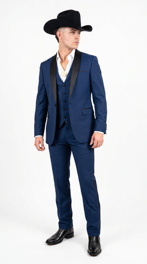Men’s Sapphire Indigo Western Tuxedo Suit – Cobalt Blue Cowboy Formal Suit with Black Shawl Collar, Vest & Pants