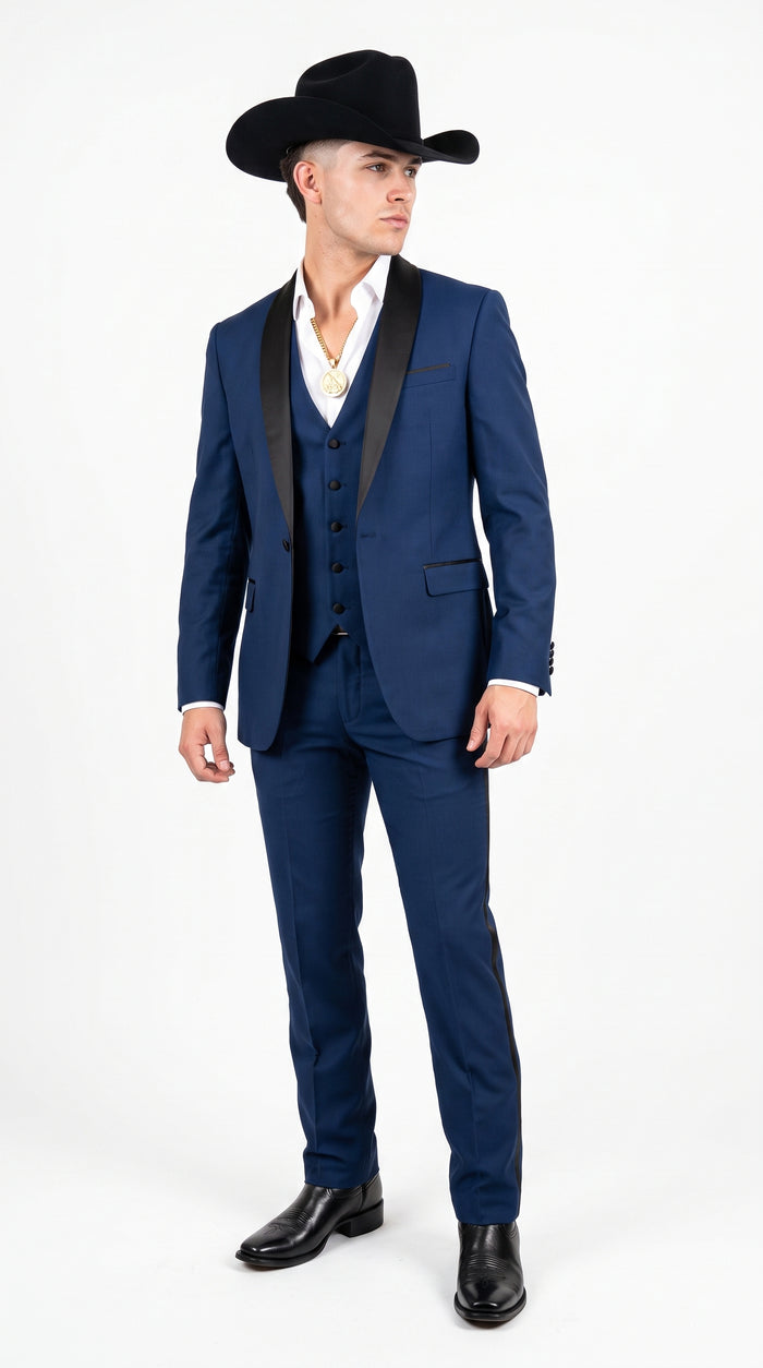 Men’s Sapphire Indigo Western Tuxedo Suit – Cobalt Blue Cowboy Formal Suit with Black Shawl Collar, Vest & Pants