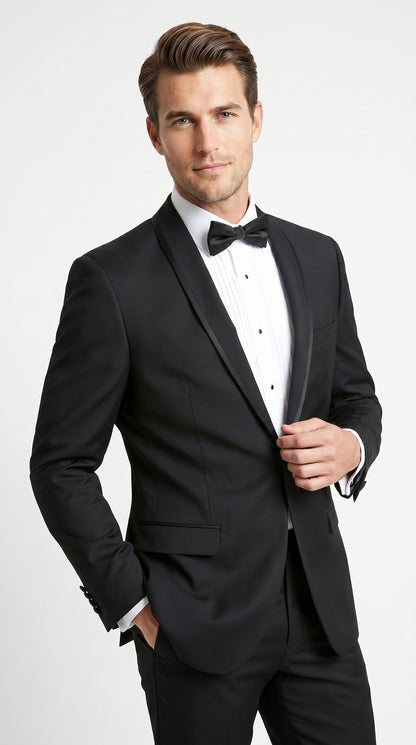 Men’s Black 1 Button Shawl Tuxedo with Black Satin Trim, Formal Wedding Dinner Suit