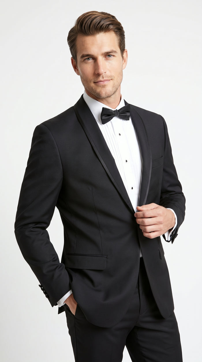 Men’s Black 1 Button Shawl Tuxedo with Black Satin Trim, Formal Wedding Dinner Suit