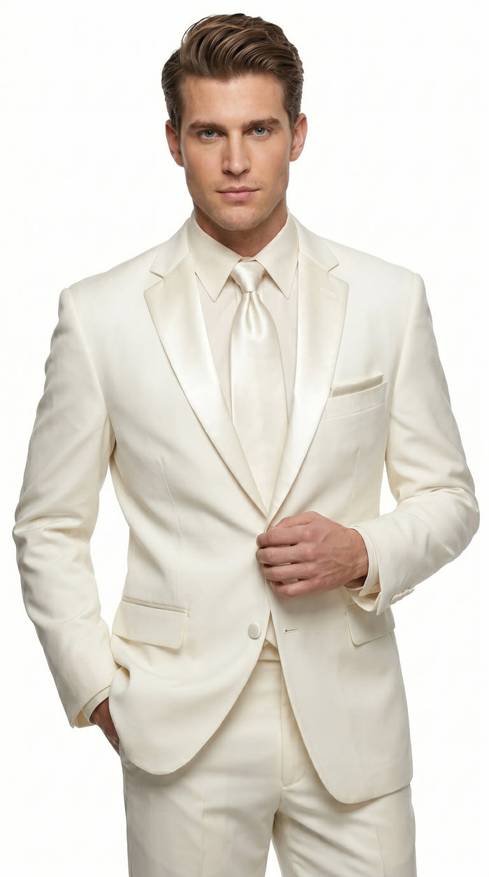 Men’s Ivory Classic Notch Tuxedo with 1 Button Jacket and Matching Pants, Formal Wedding Suit