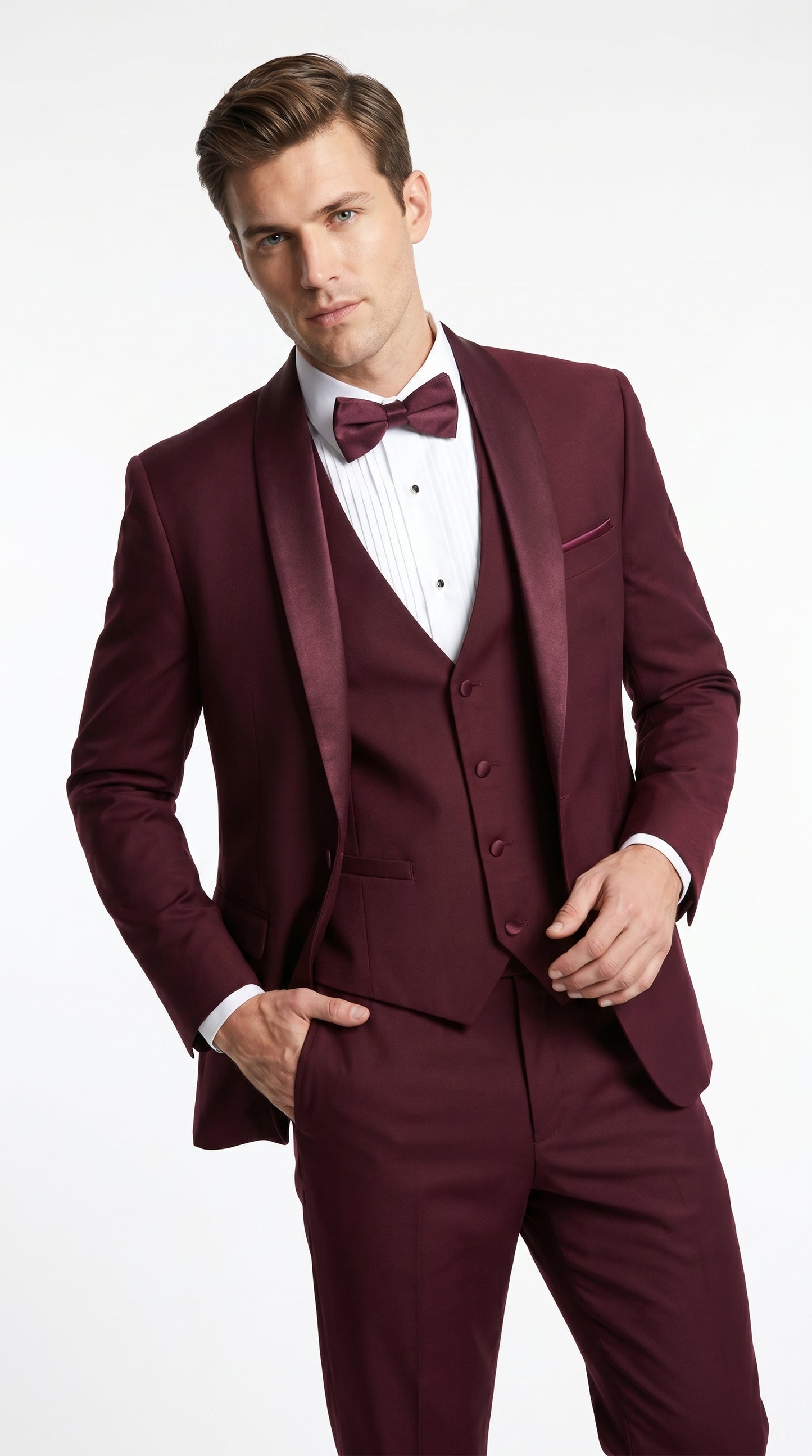 Men’s Burgundy Wool Vested Shawl Prom Tuxedo with One Button Jacket and Matching Pants