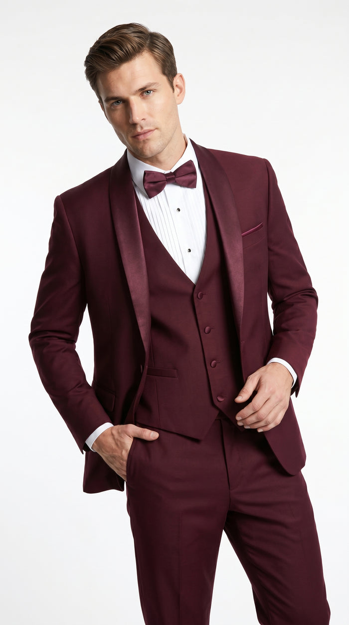 Men’s Burgundy Wool Vested Shawl Prom Tuxedo with One Button Jacket and Matching Pants