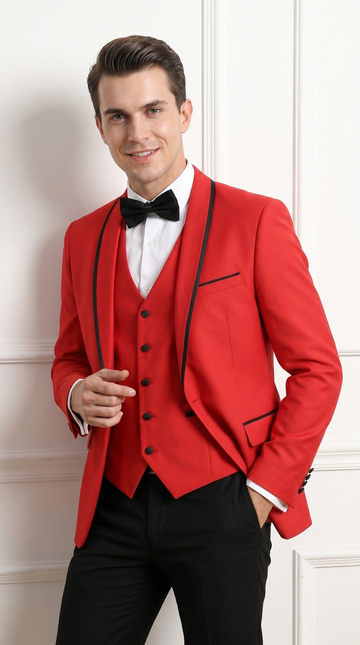 Men’s Red and Black One Button Shawl Tuxedo with Satin Trim, Formal Wedding Prom Dinner Suit
