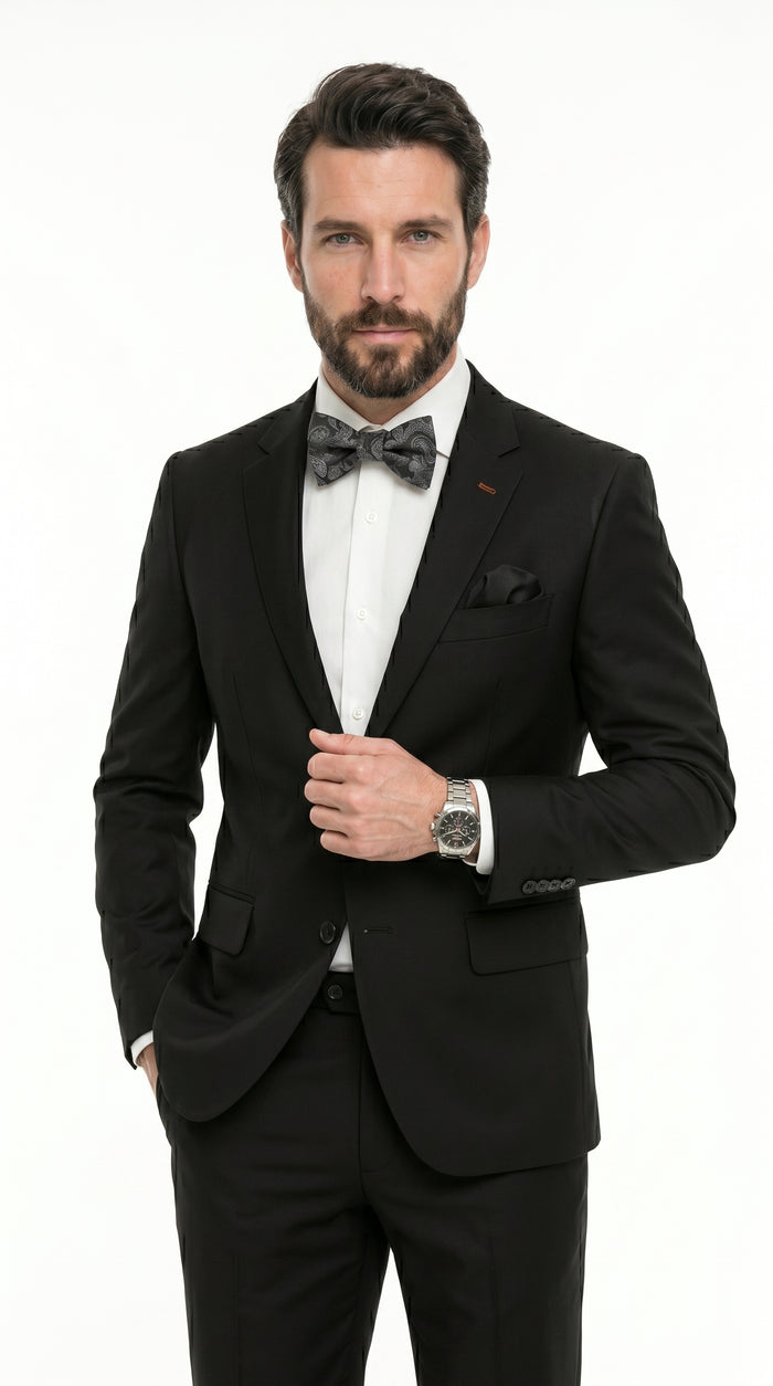 Statement Men’s 100% Wool 2 Piece Italian Made Suit, Subtle Texture Business Formal Suit in Black and Navy
