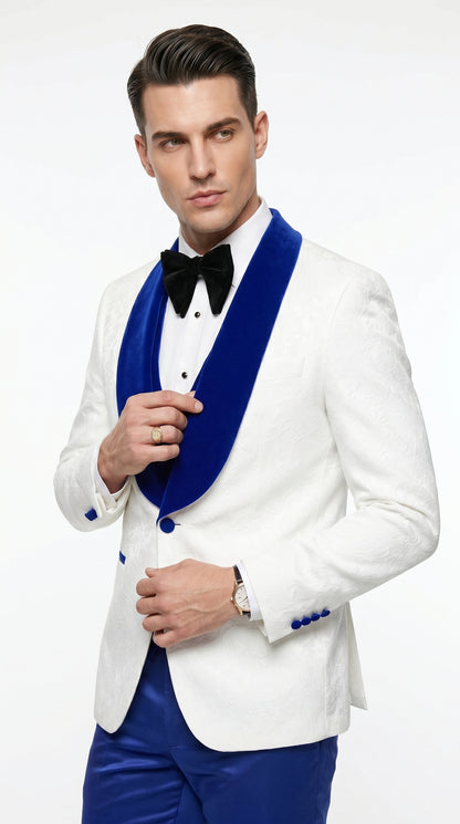Men’s White Paisley Wedding Tuxedo with Royal Blue Velvet Shawl Lapel, Vested Prom Formal Suit Set