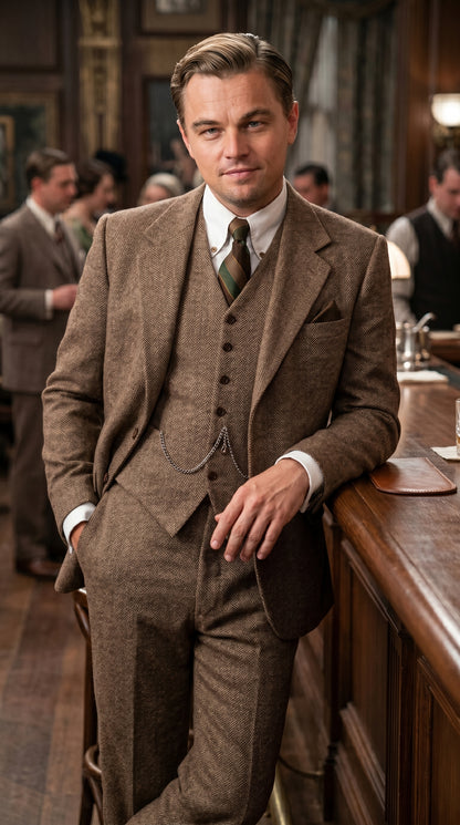Men’s Light Brown Tweed Herringbone 3 Piece Great Gatsby Suit, Vested Vintage Wedding Formal Suit Set