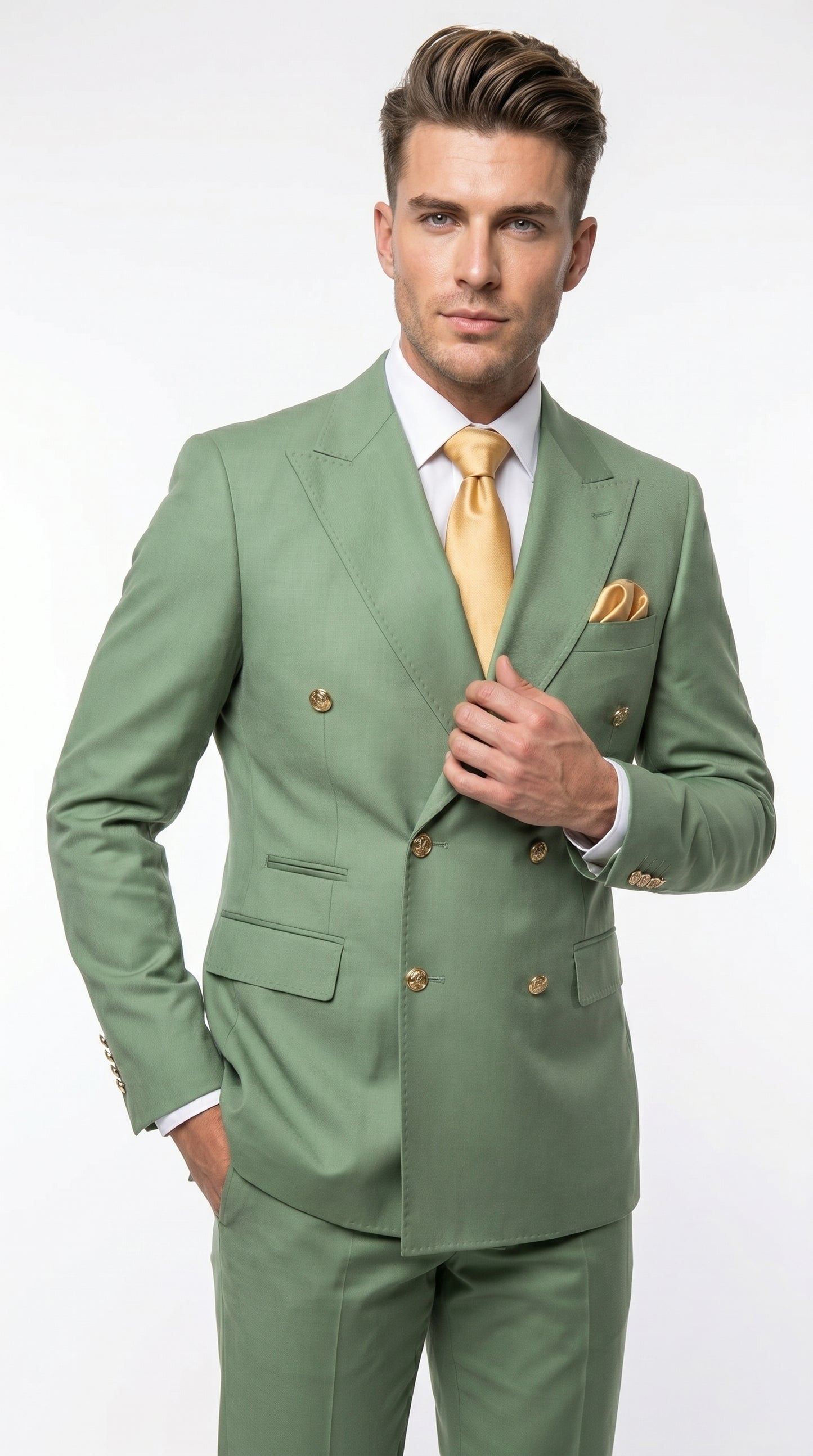 Men’s Sage Green Double Breasted 2 Piece Suit with Gold Buttons, Pistachio Formal Dress Suit