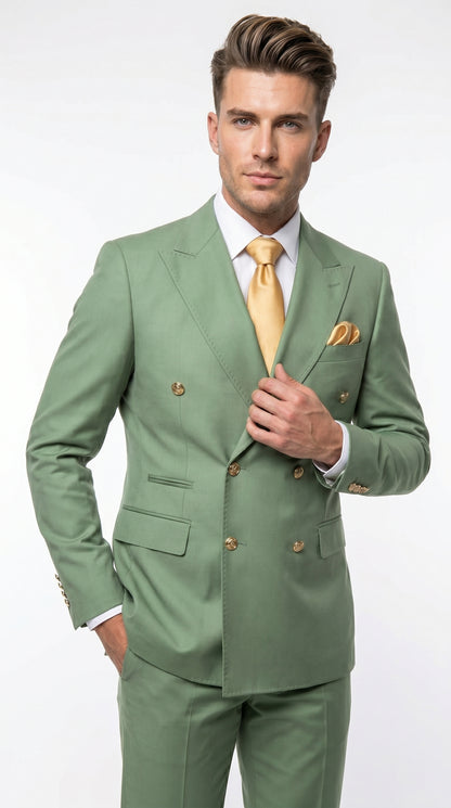 Men’s Sage Green Double Breasted 2 Piece Suit with Gold Buttons, Pistachio Formal Dress Suit