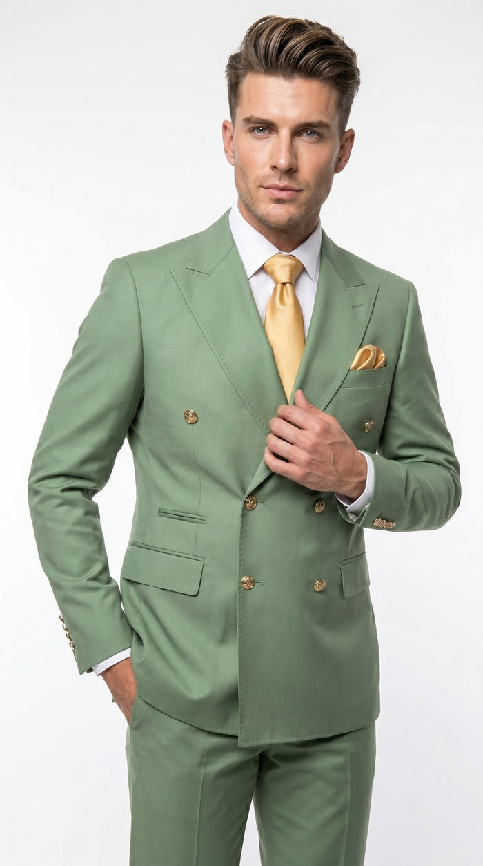 Men’s Sage Green Double Breasted 2 Piece Suit with Gold Buttons, Pistachio Formal Dress Suit