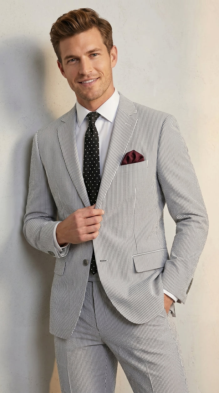 Men’s Black Pinstripe Summer Seersucker 2 Piece Suit with Jacket and Matching Pants