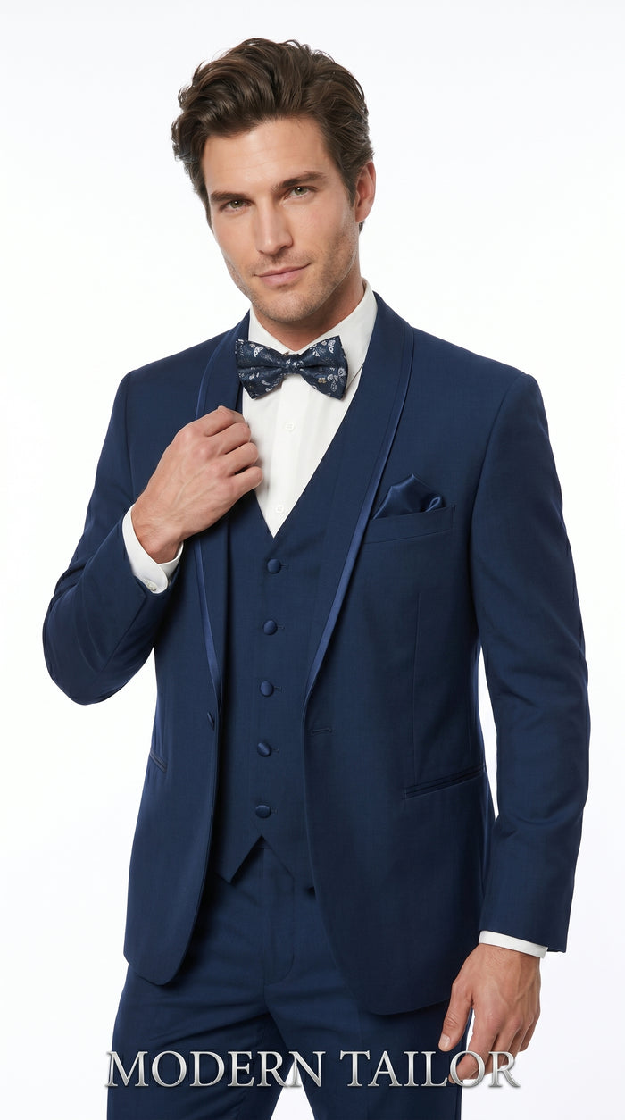 Men’s Sapphire Blue Vested Shawl Lapel Tuxedo with Satin Trim, Formal Wedding Prom Dinner Suit Set