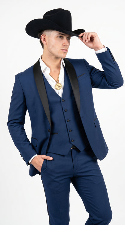 Men’s Sapphire Indigo Western Tuxedo Suit – Cobalt Blue Cowboy Formal Suit with Black Shawl Collar, Vest & Pants