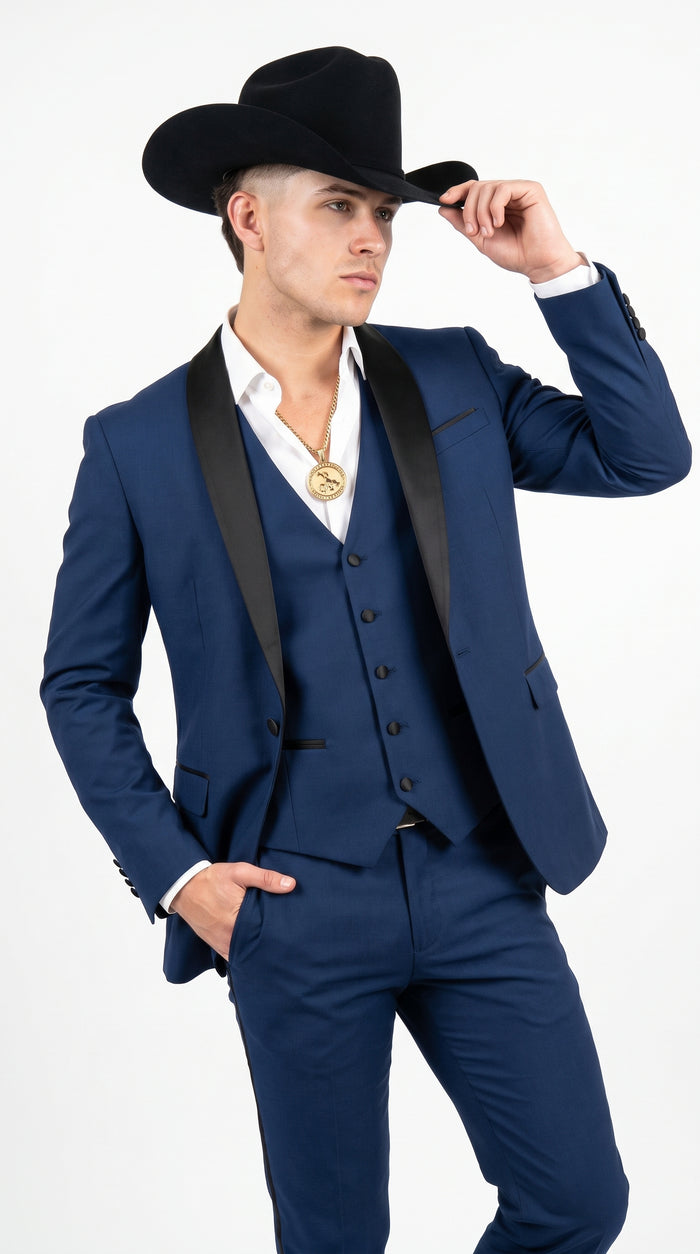 Men’s Sapphire Indigo Western Tuxedo Suit – Cobalt Blue Cowboy Formal Suit with Black Shawl Collar, Vest & Pants