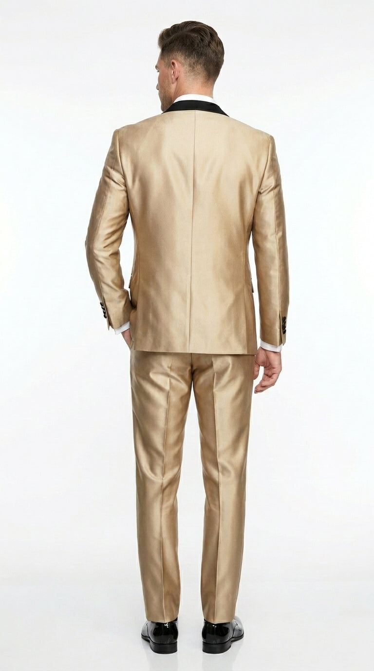 Men’s Gold Shiny Sharkskin Tuxedo with One Button Jacket, Black Shawl Lapel and Matching Pants