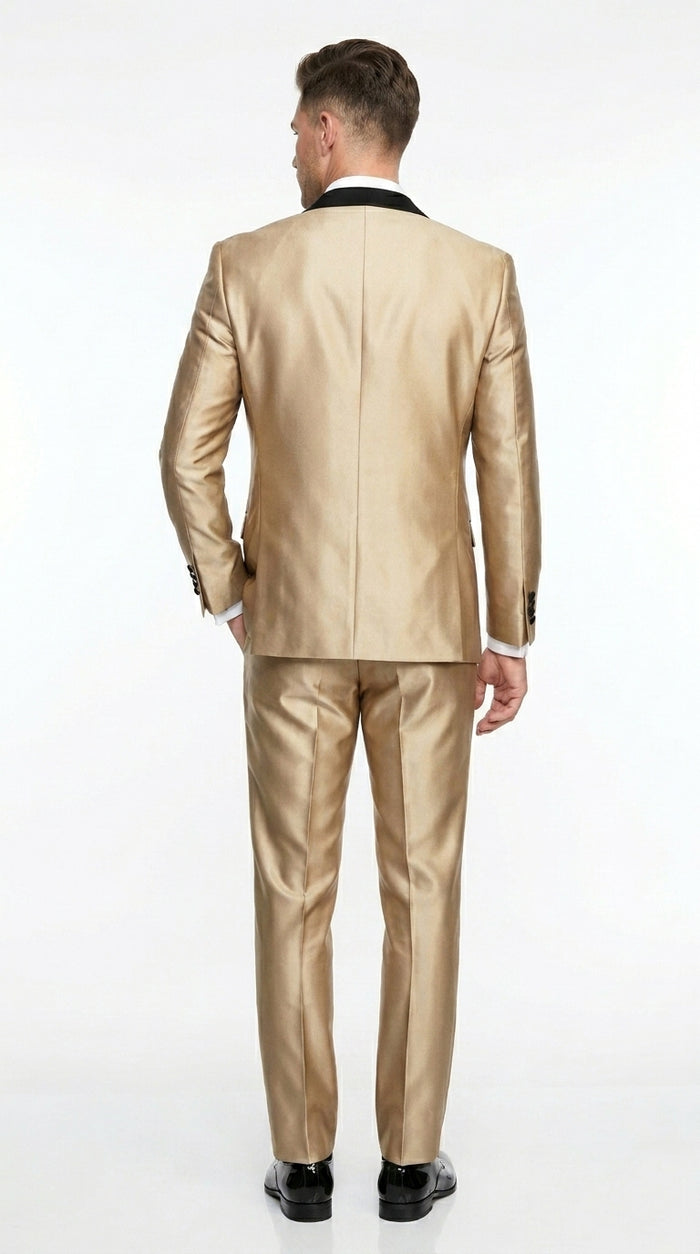 Men’s Gold Shiny Sharkskin Tuxedo with One Button Jacket, Black Shawl Lapel and Matching Pants
