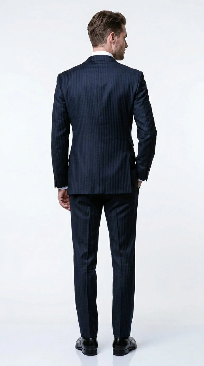 Men’s Navy Herringbone Textured 3 Piece Suit Set, Classic Formal Blazer, Waistcoat and Trouser Outfit