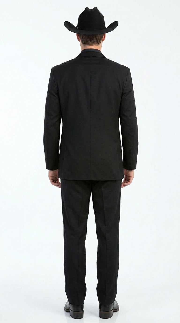 Men’s Black 2 Button Trim Cowboy Suit with Silver Waistcoat, Country Wedding Formal Suit Set