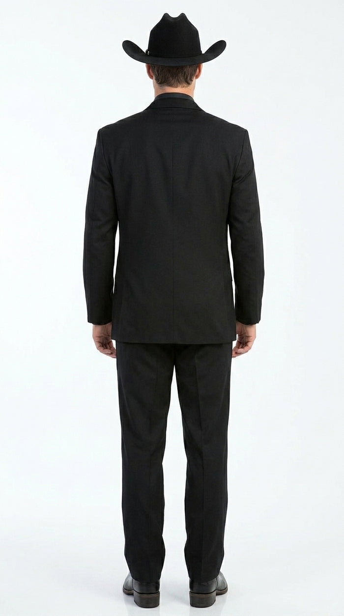 Men’s Black 2 Button Trim Cowboy Suit with Silver Waistcoat, Country Wedding Formal Suit Set